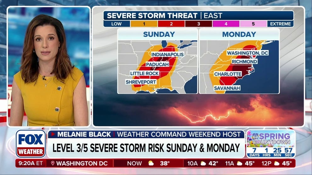 Rounds of severe storms kick off on Sunday, bringing a significant threat for damaging winds and possibly even a serial derecho. Storms last through Monday, moving into the Carolinas and Virginia. 