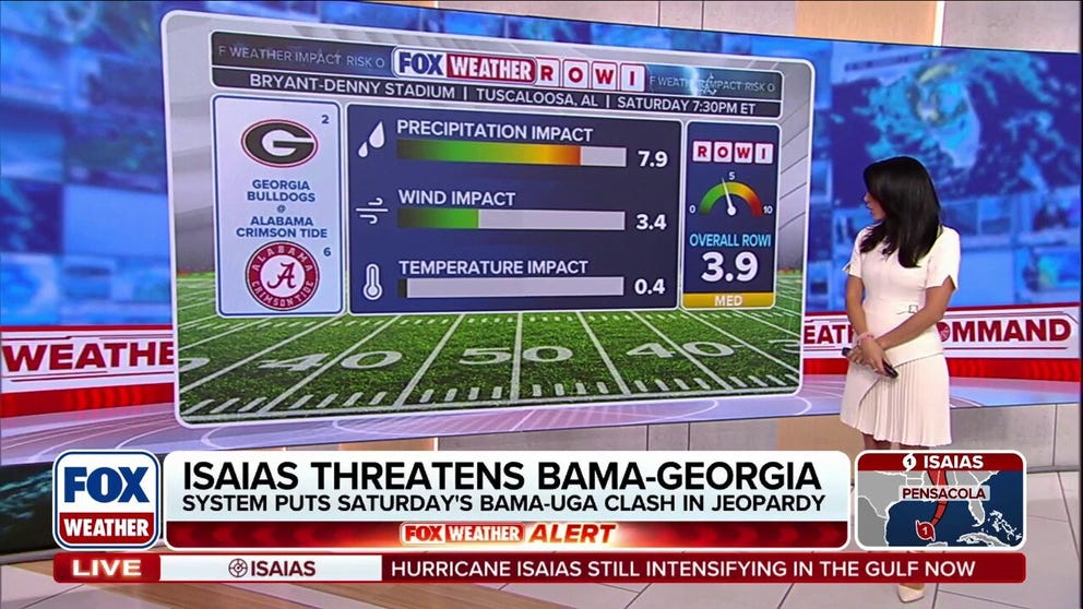 Hurricane Isaias is forecast to make landfall along the northern Gulf Coast late Friday or early Saturday as a dangerous hurricane and bring heavy rain to the Southeast during four college football games — including one of the season’s biggest matchups, Georgia at Alabama.