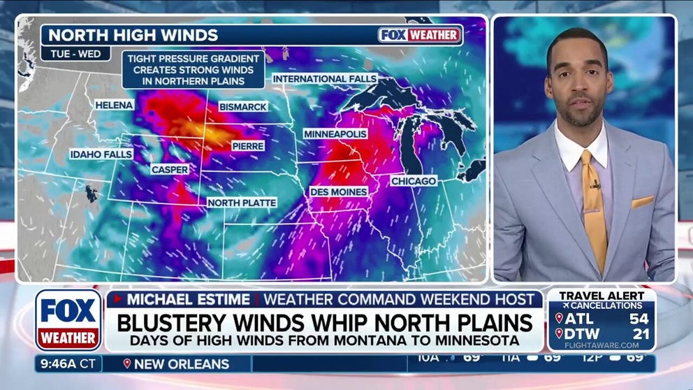  Dangerous winds are set to sweep the Northern Plains into the Upper Midwest early this week. Gusts up to 90 mph are possible along I‑15 and likely to cause hazardous travel. FOX Weather Meteorologist Michael Estime breaks down what’s happening: