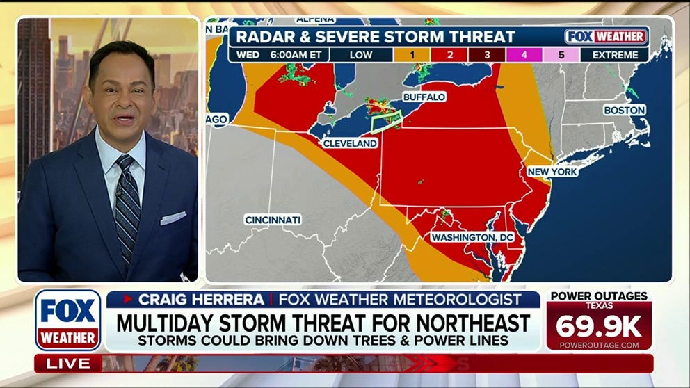 A Level 2 out of 5 severe storm threat persists across portions of the Northeast on Wednesday, with the multiday weather event bringing ongoing risks of heavy rain, damaging winds and tornadoes. FOX Weather meteorologist Craig Herrera breaks down what to expect: 
