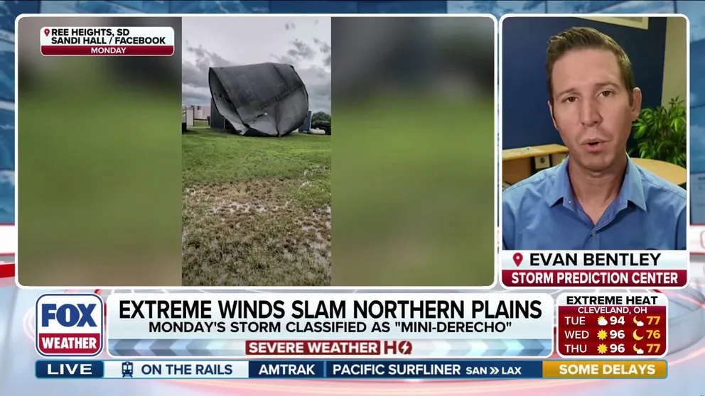 NOAA's Storm Prediction Center Warning Coordinator Evan Bentley joined FOX Weather Command to discuss the "mini-derecho" that blasted South Dakota with gusts up to 131 mph on Monday.