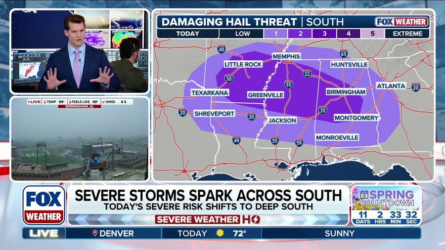 Severe storms spark across the South, bringing hail and strong winds, possible tornadoes