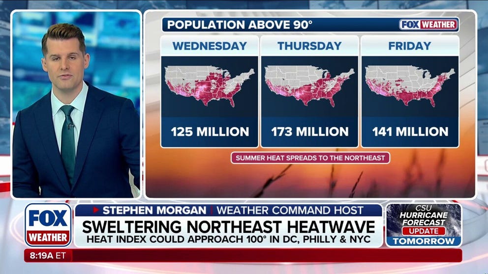 Potentially the hottest temperatures of the year are set to roast millions across major East Coast cities by late week. Factoring in humidity and temperatures surging 10 to 15 degrees above average, it could feel more like the triple digits. Full Forecast:
