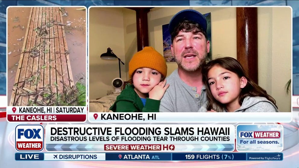 Lifelong Oʻahu resident Danny Casler joins FOX Weather with his children while sheltering in place, unable to leave their home, as catastrophic flooding grips the region and a nearby stream surges into a dangerous river. Casler recounts the past 