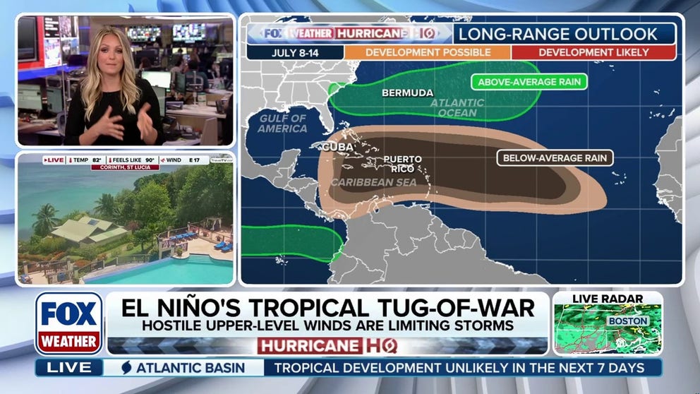 Despite an El Niño that's predicted to become the strongest on record this fall, forecast models are predicting a near-average hurricane season in the Atlantic from late September into November, toward the end of the season. Things are expected to remain quiet for now, as strong upper-level winds keep anything from forming.