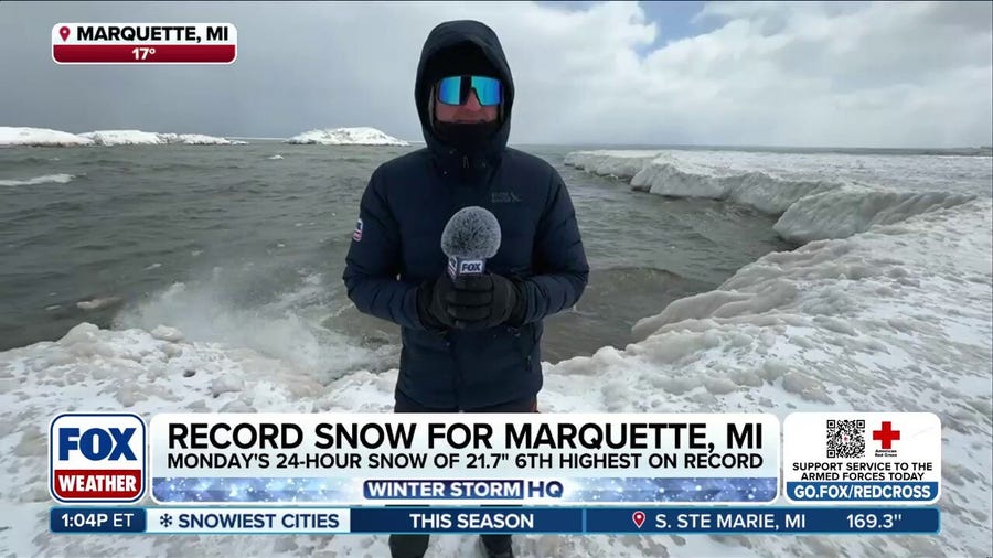 Lake Superior shoreline coated in ice following historic blizzard in Michigan