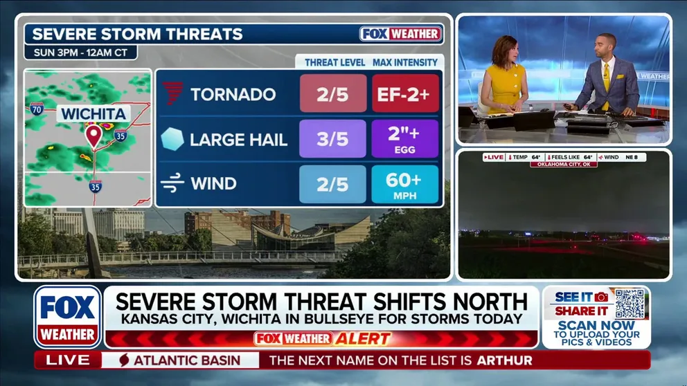 Over 30 million Americans are once again at risk of large hail and possible strong tornadoes as a severe storm threat shifts north. Kansas, Nebraska, and Missouri are under a Level 3/5 severe storm risk, following 28 confirmed tornadoes that have torn through the South and central U.S. since Thursday. Latest: