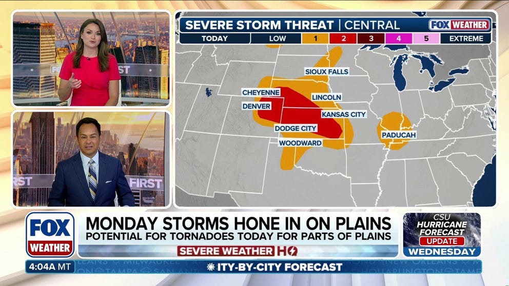 Severe storms target the Central Plains Monday with a Level 2 threat in place before increased risks shift to millions across the Midwest by midweek. By Tuesday and Wednesday, moisture and daytime heating will fuel storms capable of producing very large hail, damaging winds, and tornadoes. Full forecast:
