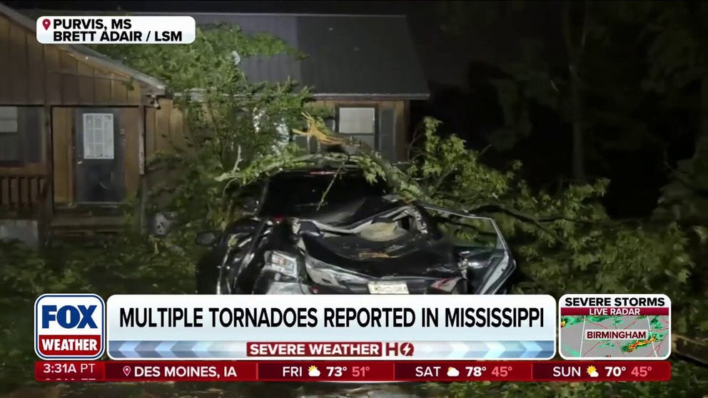 A violent night in Mississippi has left Purvis strewn with downed power lines and cars crushed under trees, while a "Particularly Dangerous Situation" was declared for areas near Hattiesburg, putting over 100,000 people directly in the path of the storm.