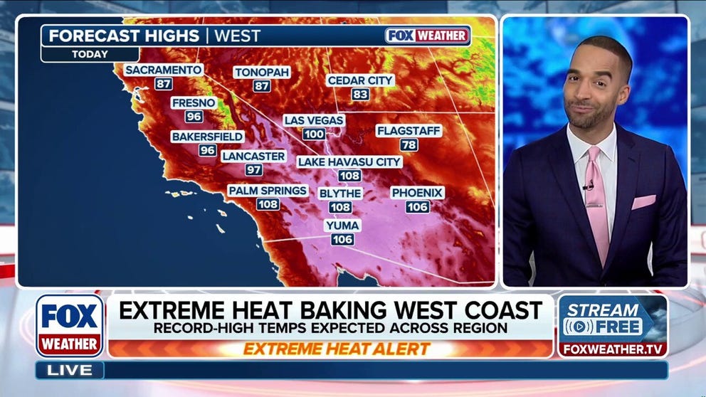 Heat has returned to the West, sending temperatures 15 to 30 degrees above average — with some areas climbing into the triple digits. More than 65 potential record highs could break through Tuesday, with extreme heat warnings in effect for parts of Phoenix and Palm Springs. FOX Weather Meteorologist Michael Estime breaks down the heat: