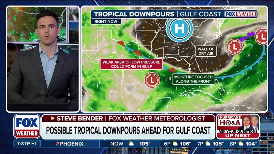 Slow-moving system to bring tropical downpours, rough surf and strong winds to the Gulf Coast