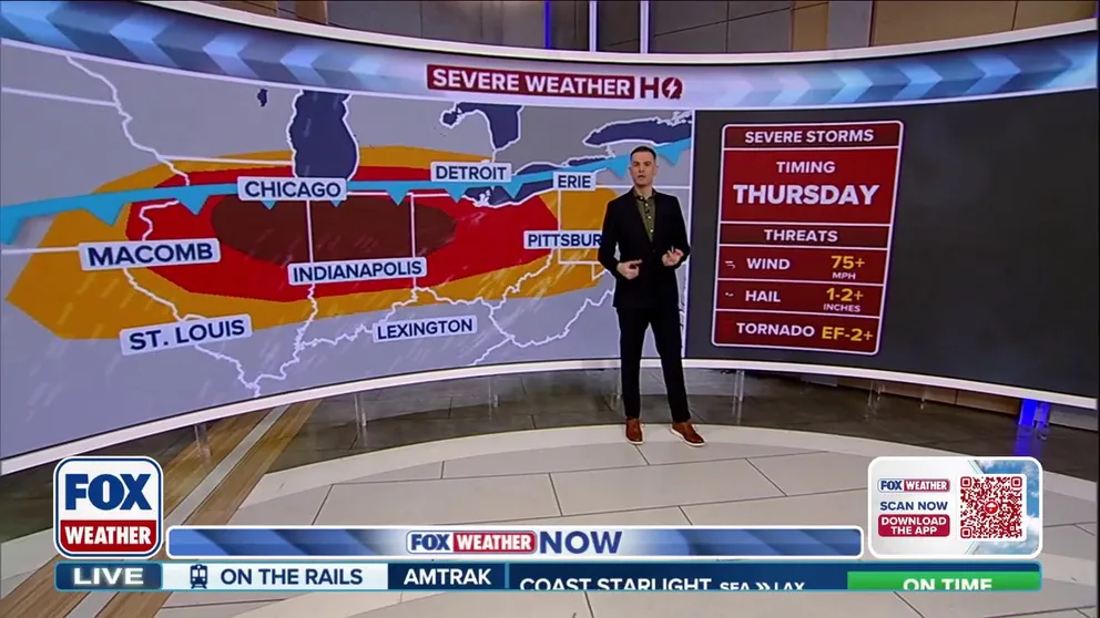 Dangerous hail, strong gusty winds and even some tornadoes are possible across Illinois, Indiana and Ohio during severe storms on Thursday evening. The Storm Prediction Center upgraded the risk for parts of the region to a level 3 out of 5, and warned hail 2+ inches in diameter are possible. 