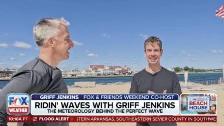 FOX & Friends Weekend Co-host Griff Jenkins catches some waves with FOX Weather Meteorologist Bob Van Dillen