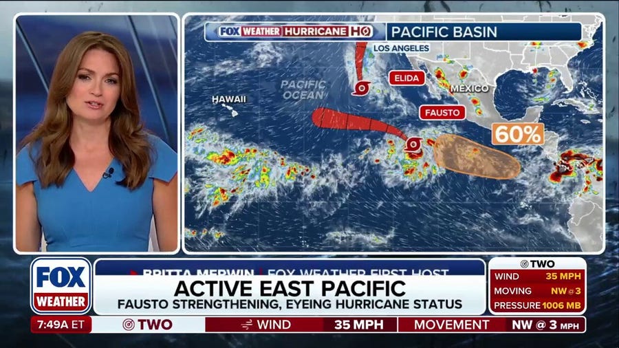 Tropical Storm Fausto could become the season's first hurricane as Elida brings swells to California