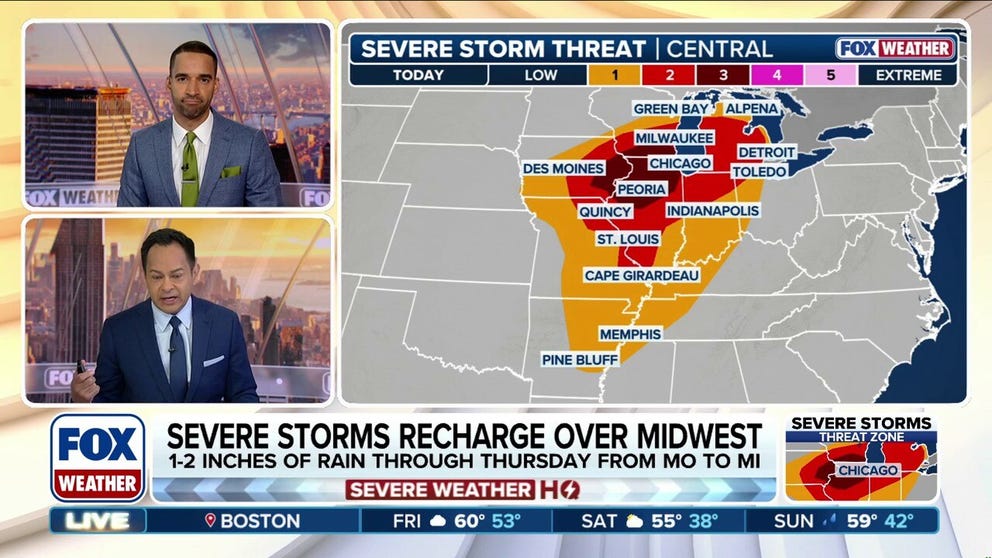 Chicago, Milwaukee and several other Midwest metros are in the path of a dangerous severe weather threat that covers more than 45 million people across the region — with storms expected to begin firing over eastern Iowa by late Thursday morning before charging east. According to NOAA's Storm Prediction Center, thunderstorms capable of producing a strong tornado (EF 2+) are likely across parts of Chicagoland, Rockford as well as parts of southern Wisconsin and eastern Iowa.