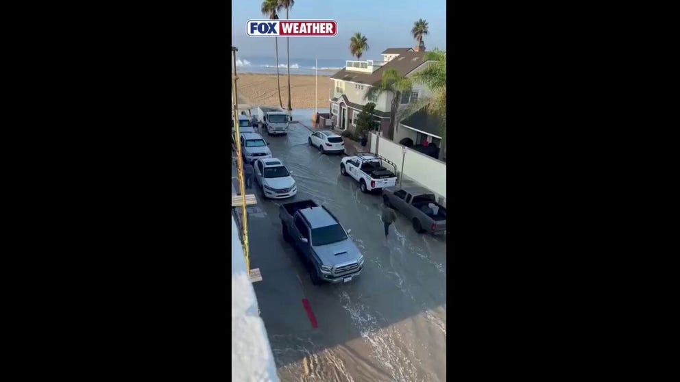 Newport Beach, California, began seeing coastal flooding from Tropical Storm Rachel on Friday. Video shows people trudging through flooded streets in the city.