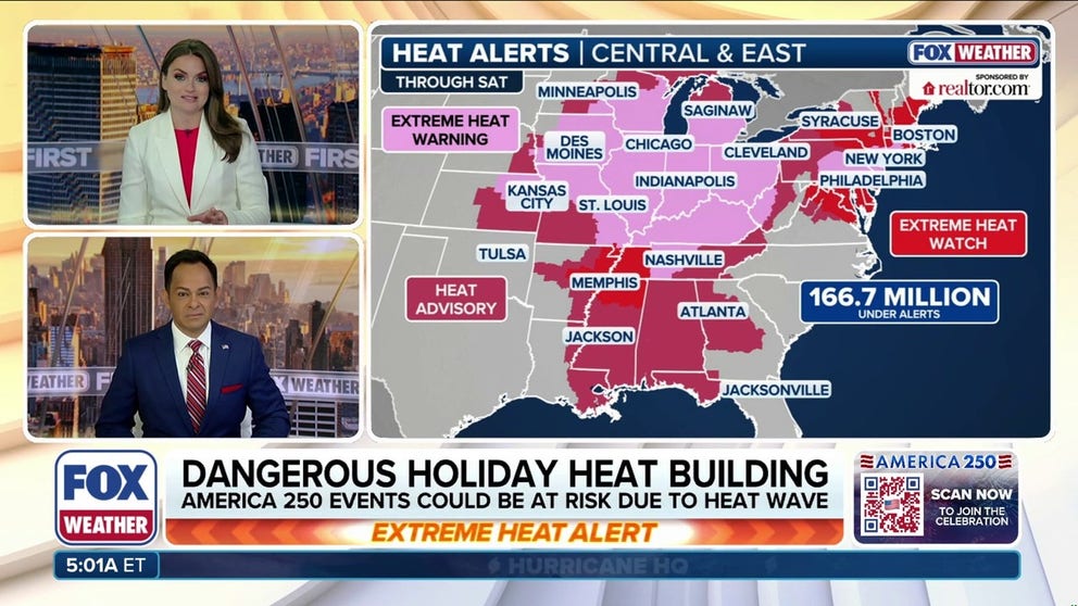 A massive, life-threatening heat dome is settling over parts of the Central U.S. before spreading eastward Wednesday. More than 230 million people will see temperatures above 90 degrees, while more than 41 million will experience triple-digit heat at some point from midweek through the holiday weekend. Air temperatures are expected to peak across parts of the Midwest, including St. Louis, Chicago, and Detroit, by Wednesday. Meanwhile, parts of the Mid-Atlantic and Northeast will likely see 100-degree temperatures by Thursday, with nighttime lows remaining in the 80s.