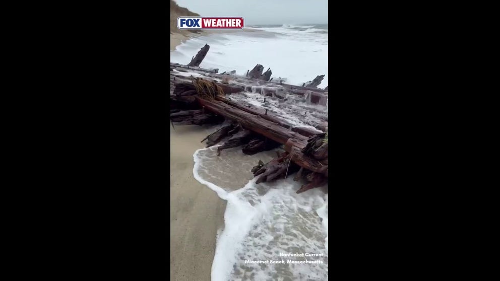 A powerful nor’easter lashing Nantucket with wind and rain has uncovered part of a 19th-century shipwreck along the island’s south shore. Credit: @ACKCurrent