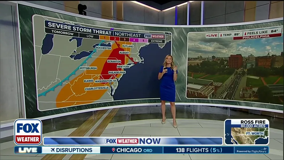 The MIdwest is seeing severe storms on Wednesday that will shift east on Thursday and move into the Northeast. Heavy rain is expected for some areas, with a level 2 out of 4 flash flood threat in effect. Storms could also produce damaging winds. 