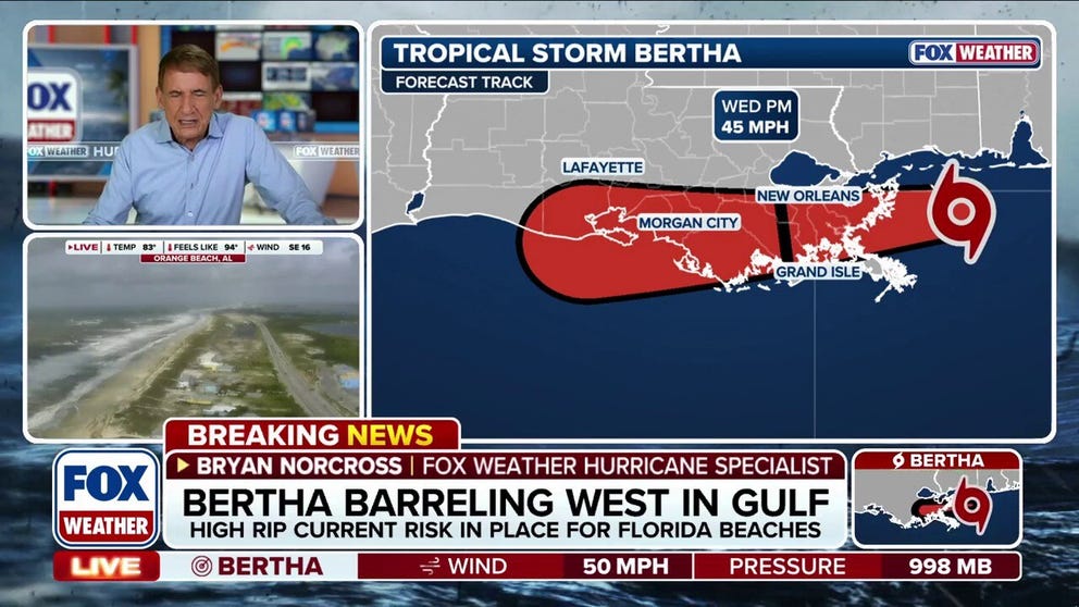 FOX Weather Hurricane Specialist gives the latest exclusive analysis on Tropical Storm Bertha after the latest advisory from the National Hurricane Center. The tropical storm is expected to make landfall in Louisiana and weakening as it tracks west, where it could make landfall in Texas.