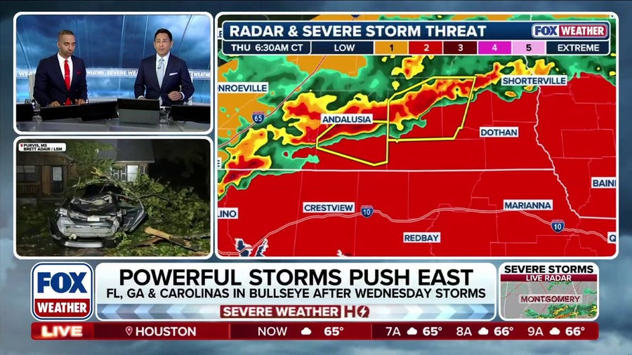 Severe storms push east, raising damaging wind and tornado risks from the Florida Panhandle to the Carolinas