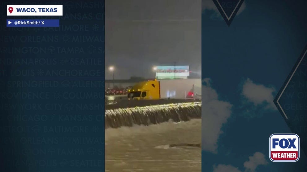 Torrential downpours have turned hazardous in Waco, Texas, leaving Interstate 35 flowing like a river amid life-threatening flash flooding.