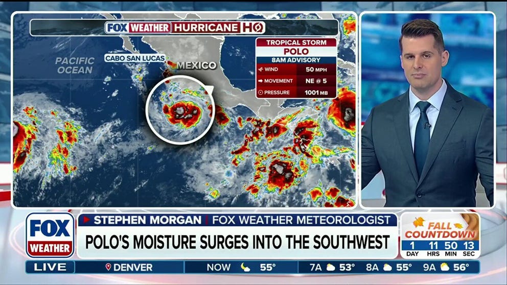 Tropical Storm Polo formed late Sunday off southwestern Mexico, and is expected to rapidly intensify into a hurricane by late Monday with moisture from Polo forecast to enhance the flood threat across the U.S. Southwest beginning Tuesday. This comes amid a rapidly strengthening El Niño which has supercharged the Pacific, producing 18 named storms across both the Central and Eastern parts of the basin with more than two months remaining in the hurricane season.