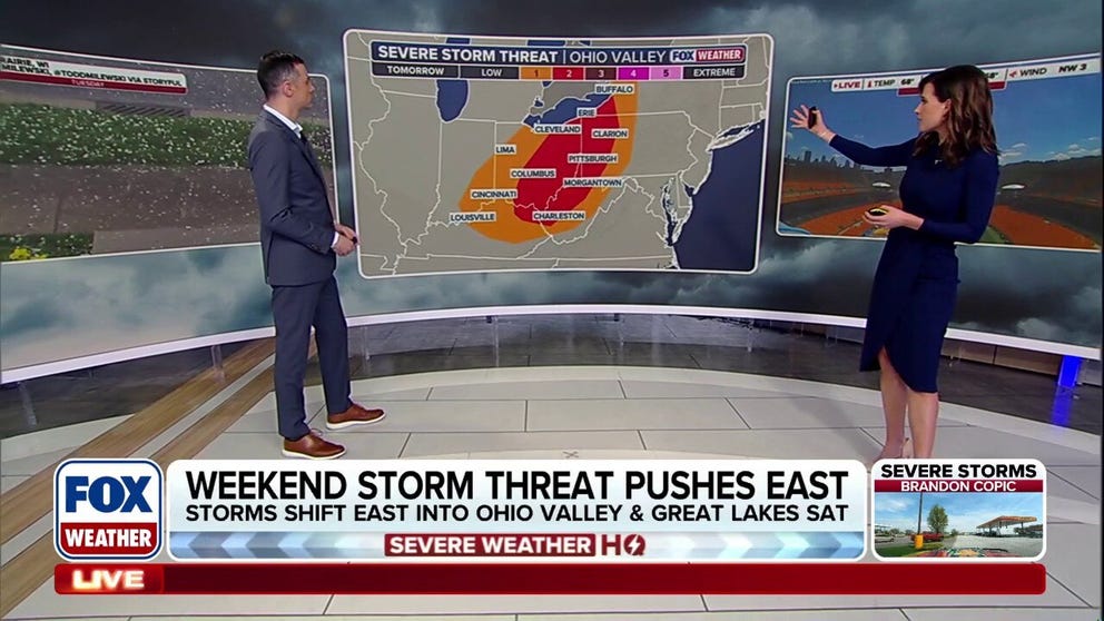 Heading into Saturday, the same system bringing severe storms to the central U.S. will shift eastward, allowing storms to develop across the Ohio Valley and portions of the Northeast. The system will then push through the Northeast and the Carolinas into Sunday, bringing rain along with the potential for strong to severe storms.