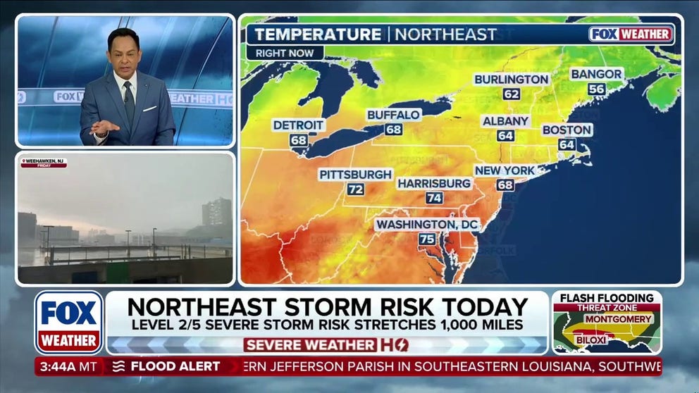 Over 60 million Americans are at risk of severe storms across portions of the Northeast, with heavy rain, damaging winds, and possible flooding in some areas.