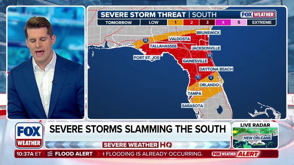 A level 2 out of 5 severe storm threat stretches from the southernmost point of Georgia into central Florida, including cities like Jacksonville, Tallahassee and Daytona Beach for Saturday. The primary threat is strong, damaging winds. 