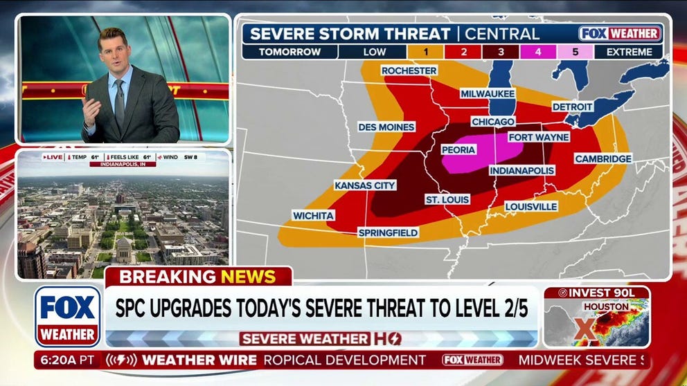Intense tornadoes, destructive winds, and very large hail target the Midwest Wednesday, with parts of Illinois and Indiana under an elevated Level 4 out of 5 risk. FOX Weather Meteorologist Stephen Morgan breaks down the growing threat of another severe wether outbreak and exactly how this dangerous system could play out: