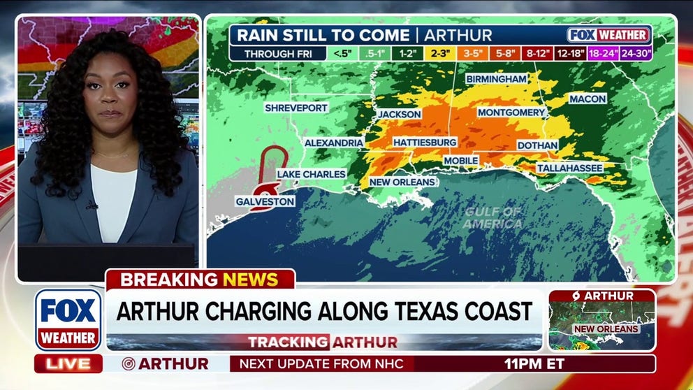 Tropical Storm Arthur’s center has re-formed, placing it just 10 miles northwest of Galveston, Texas. The storm currently has maximum sustained winds at 40 mph and officials expect some areas may see up to 10 inches of rain. Stay with FOX Weather for the latest.