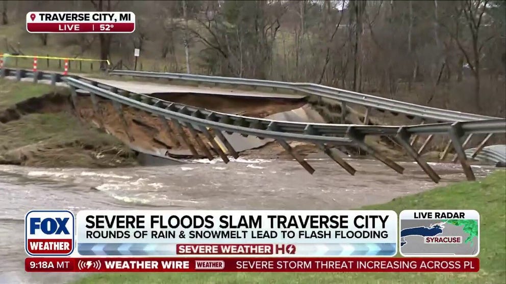 Cities across northern Michigan are reporting severe flooding as rain fuels snowmelt across the Great Lakes. FOX Weather Correspondent Katie Byrne reports from Traverse City, where flooding washed out a local bridge that sees thousands of vehicles per day. Officials say it could take months to repair. 