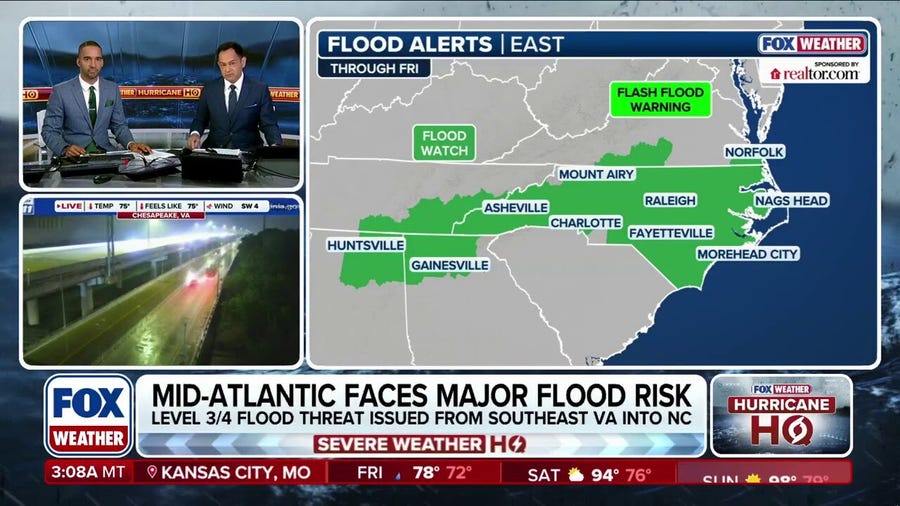 Flood threats escalate across Carolinas as severe storms target Mid-Atlantic