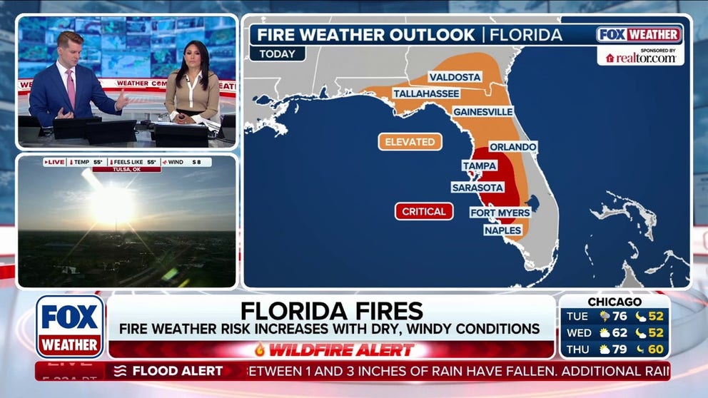 Fire Weather Warnings have been issued across much of Florida for Tuesday, extending from the Panhandle into the Gulf Coast side of the state. This includes areas from Tallahassee south through Orlando, Tampa, and Fort Myers. Several wildfires are burning across northern Florida especially near Gainesville and Jacksonville. An ongoing, historic drought encompasses nearly the entire state of Florida, with the rest of the Southeast also experiencing drought conditions.