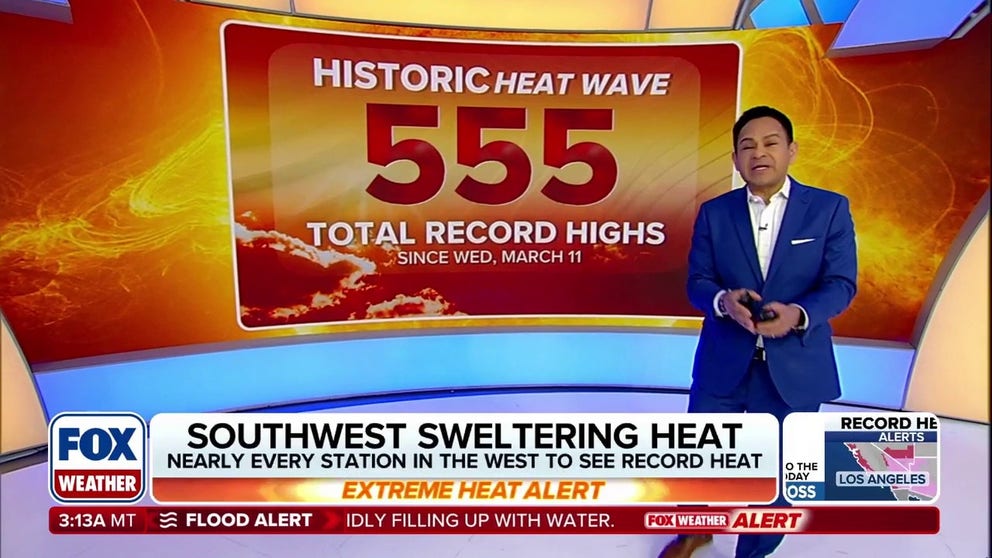 The FOX Forecast Center is tracking the most intense March heat wave ever observed in the U.S. which is baking the western U.S. The heat will peak Friday and Saturday across parts of California, Arizona and New Mexico, with more than 40 million people under heat alerts. Thermal, California, reached 108 degrees Thursday, tying the record for warmest recorded March temperature in U.S. history. Phoenix hit 105 degrees Thursday, which is now its warmest March day on record. The record heat will expand into the Plains states this weekend.