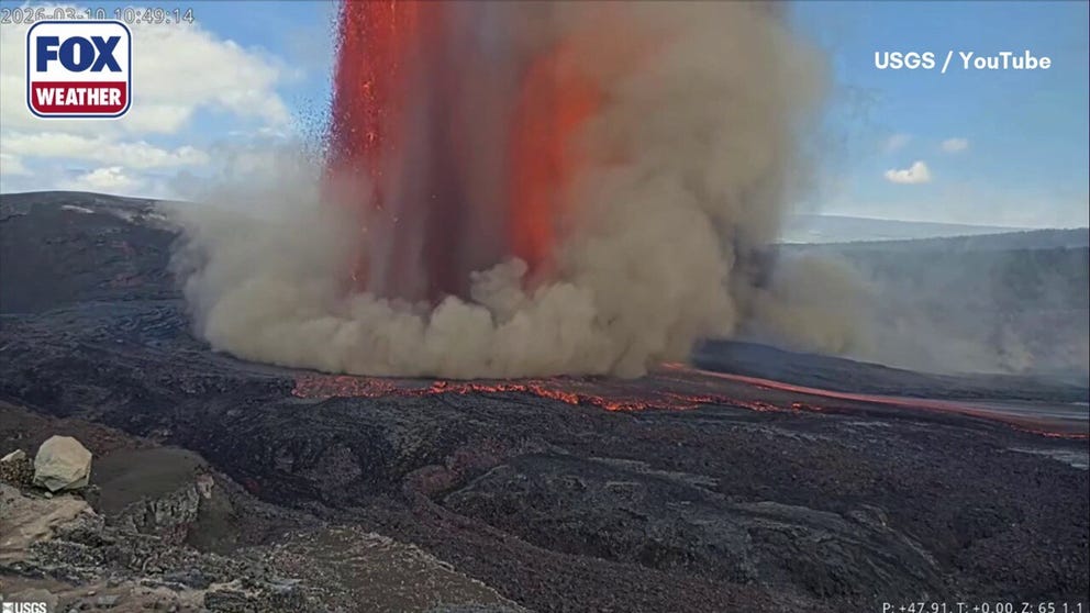 A large volcanic eruption occurs in Hawaii Volcanoes National Park on Tuesday, producing large plumes of smoke.