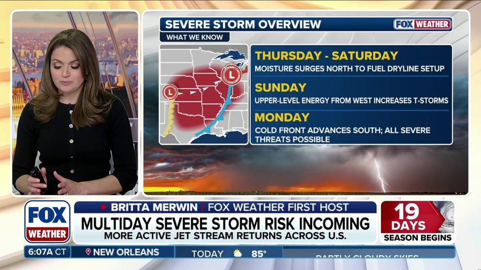 After a blocking pattern sent temperatures soaring into the 80s and 90s across the Central US this week, severe weather will return to the region beginning Thursday. A storm will eject out of the Rockies Thursday and fuel storms from Illinois to Texas. This stormy pattern will last through Saturday before expanding into the Midwest Sunday and into next week.