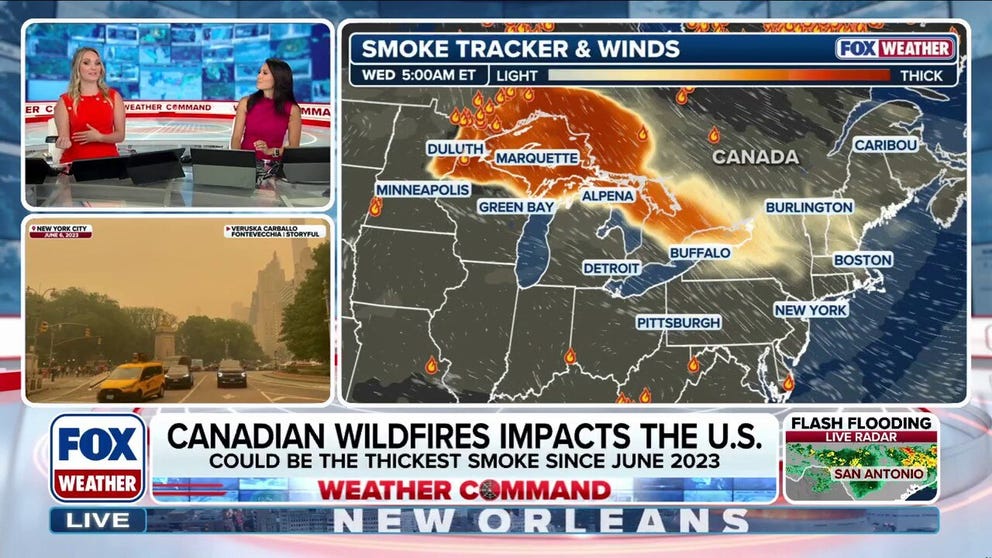 A recent wildfire outbreak across western Ontario, Canada, and Minnesota is sending thick plumes of smoke toward the Great Lakes and Northeast through Thursday, bringing extremely hazardous air quality and potentially some orange skies reminiscent of the Mars-like skies that enveloped New York City in June 2023.