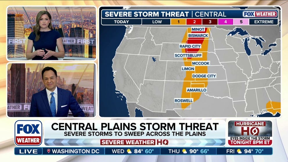 Baseball-sized hail and tornadoes are possible across parts of North and South Dakota, which are in the bull's-eye of a sprawling severe weather threat that stretches from the Dakotas to the Texas Panhandle and eastern New Mexico. Severe thunderstorms are expected to redevelop by mid-afternoon Tuesday across the entire Great Plains.