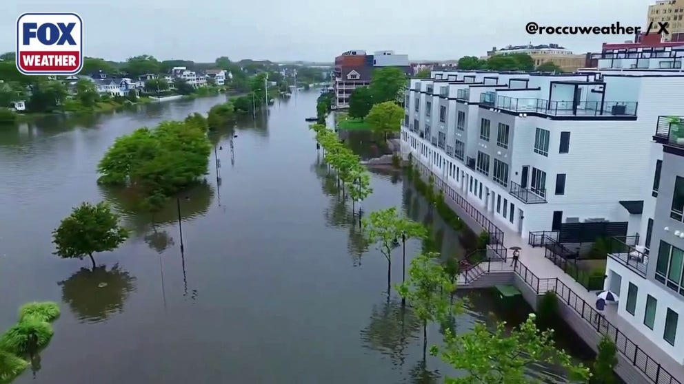 Drone video shows flooded parts of Asbury Park, New Jersey, on Monday after torrential rainfall.