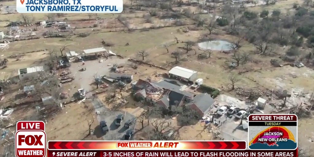 Drone video captures massive damage tornado did to Jacksboro, Texas
