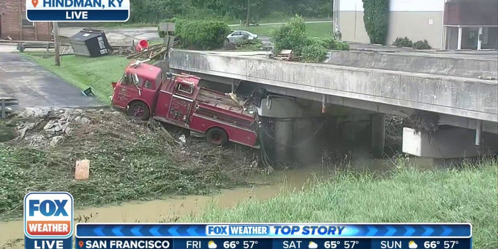 Watch Firetruck seen swept under bridge in Hindman, KY from record