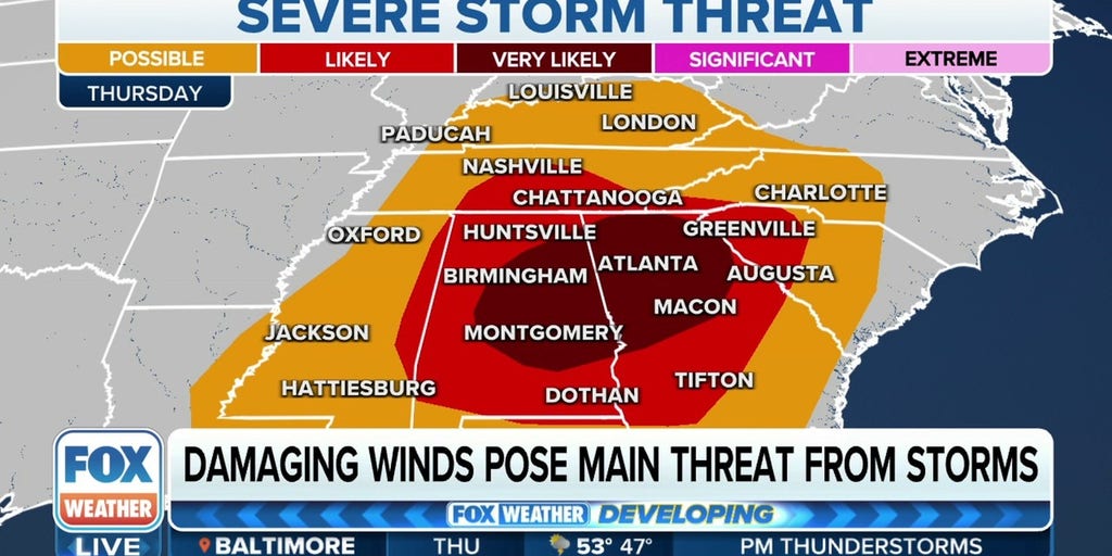 Damaging Winds Pose Main Threat For Severe Storms In Southeast On Thursday Latest Weather