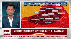 Severe thunderstorms capable of producing tornadoes moving across Kentucky, Indiana, Ohio