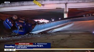 Semi-truck dangles over I-35 in Fort Worth, Texas after crash amidst rain