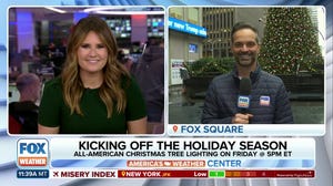 FOX Weather's Nick Kosir answers weather questions from New Yorkers in front of the All-American Christmas Tree