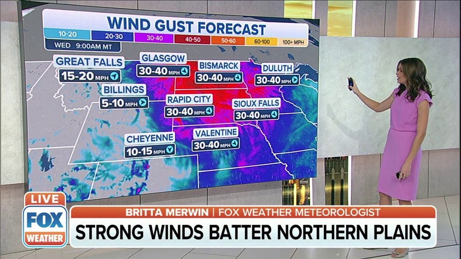 Strong winds spread east across Plains