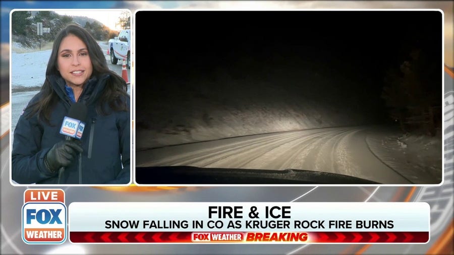 Snow falling in Colorado as Kruger Rock Fire continues to burn