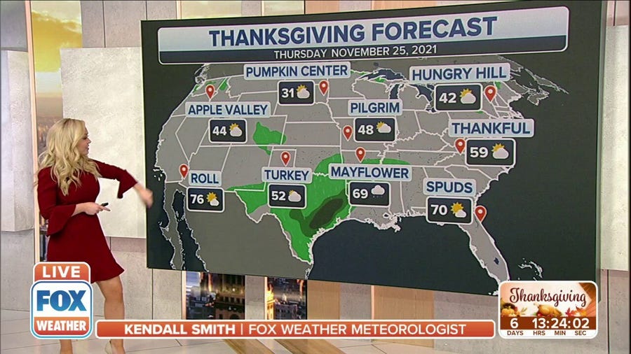 Forecasts for towns across America with a turkey-day theme